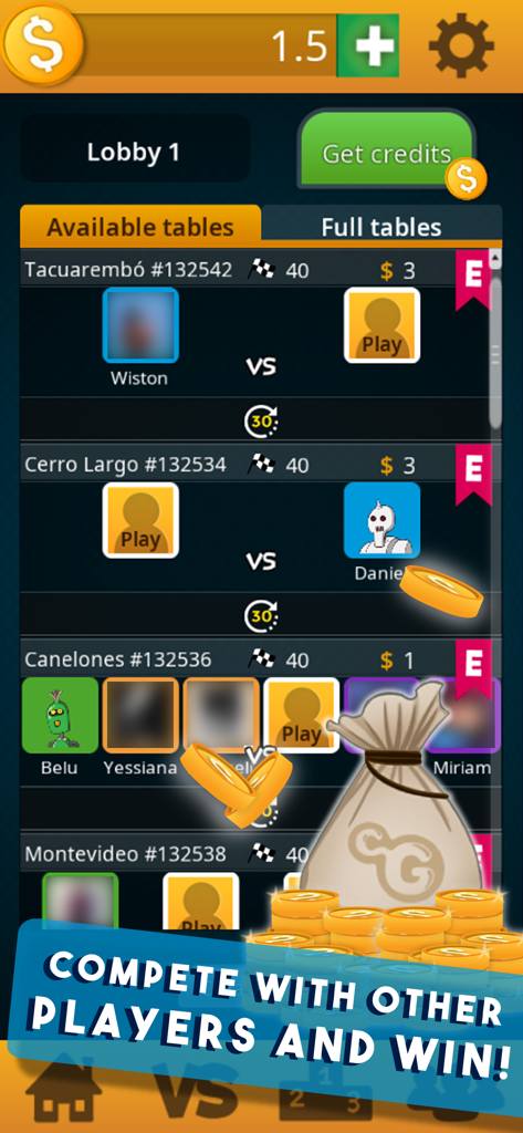 Truco Uruguayo - Truco Uruguayo game lobby showing available tables and a compete with other players banner