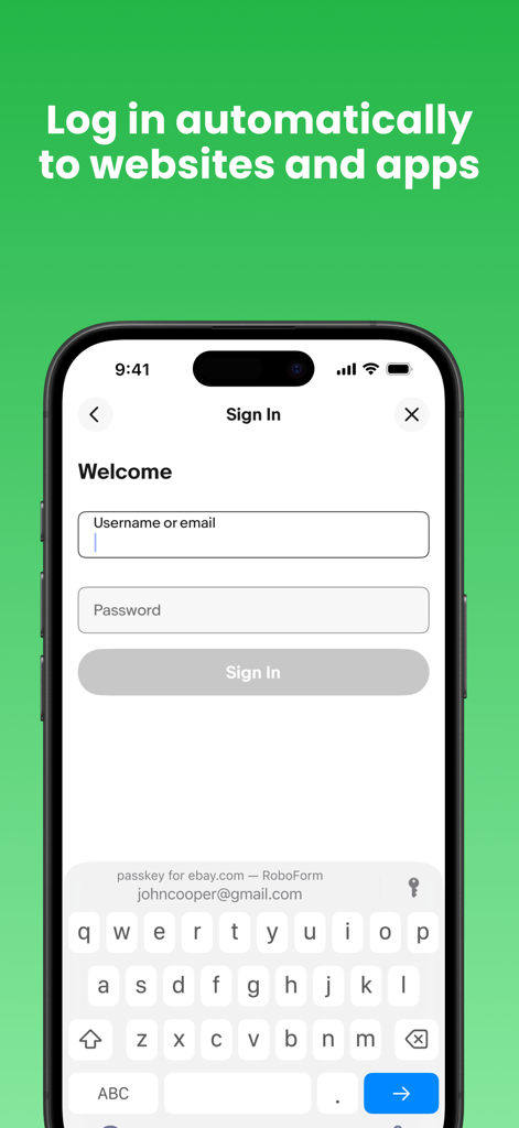 Interface de l'application RoboForm affichant la fonction de connexion automatique aux sites web et aux applications sur un appareil mobile