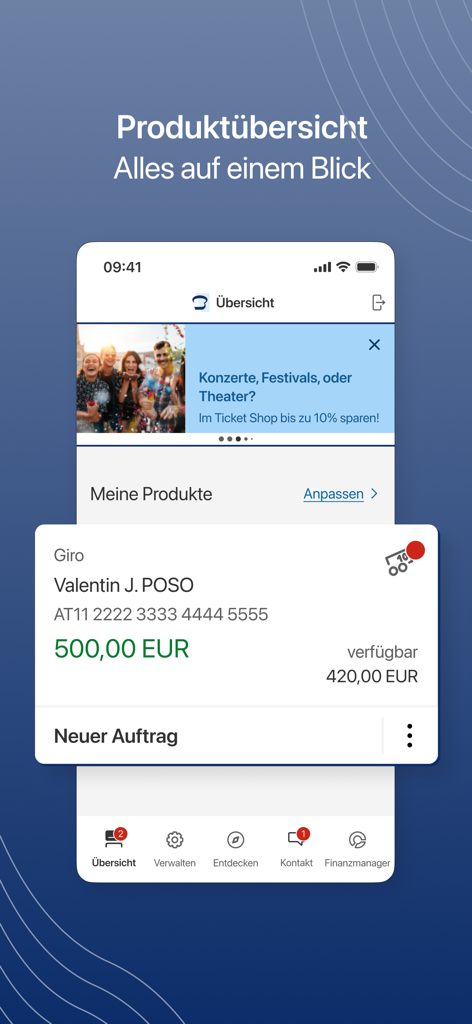 Una captura de pantalla de la pantalla de resumen de la app de banca online POSO que muestra el saldo de una cuenta corriente y el menú de navegación.