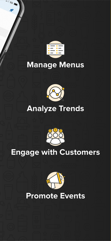 Screen showing main features of Untappd for Business including Manage Menus Analyze Trends Engage with Customers and Promote Events