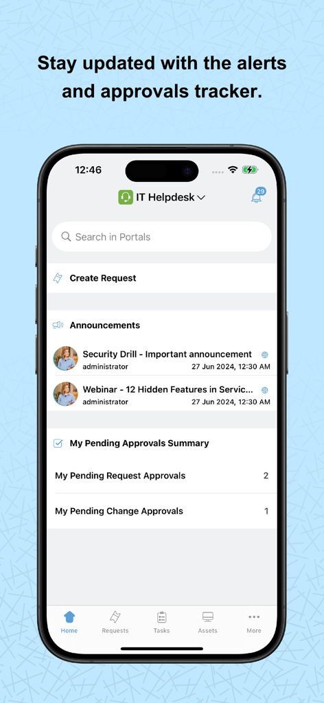 ServiceDesk Plus app dashboard showing IT helpdesk announcements and pending approvals summary on an iPhone.