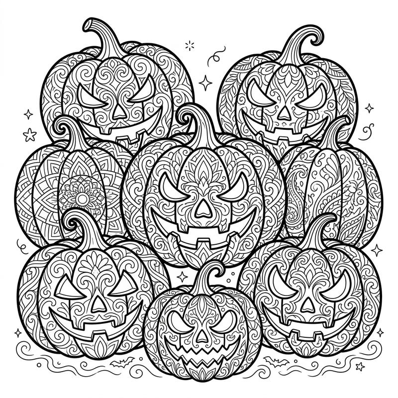 Get ready for a hauntingly good time with this detailed adult coloring page featuring an array of intricate Halloween pumpkins. Each jack-o'-lantern is filled with elaborate patterns, perfect for mindful coloring and creative expression this spooky season.