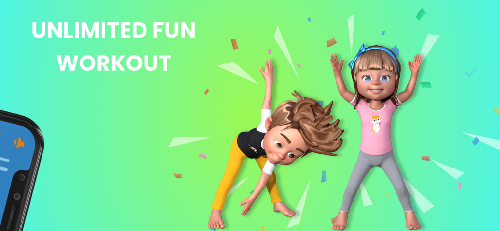 Fitness for Kids: Kids Workout - Two animated children performing exercises with the text unlimited fun workout