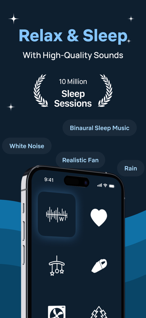 Baby Sleep White Noise Machine - Baby Sleep White Noise Machine app screen showing high quality sounds and 10 million sleep sessions