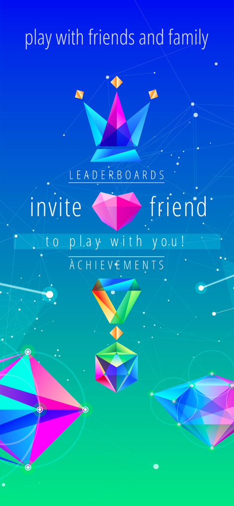TRIZ - Sacred Geometry Puzzles - A vibrant screen from the TRIZ app highlighting social features like leaderboards achievements and friend invitations with colorful geometric art