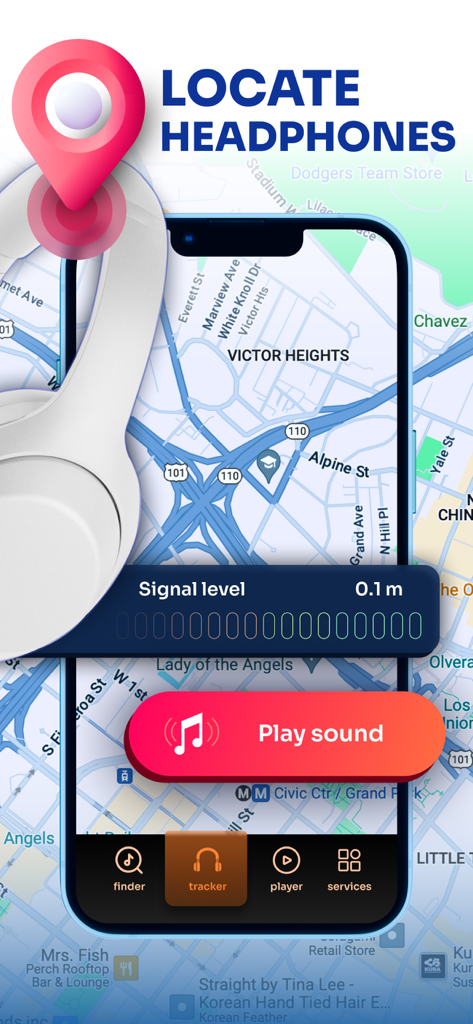 Interface de l'application mobile montrant une carte et un traqueur de signal pour localiser les écouteurs perdus.