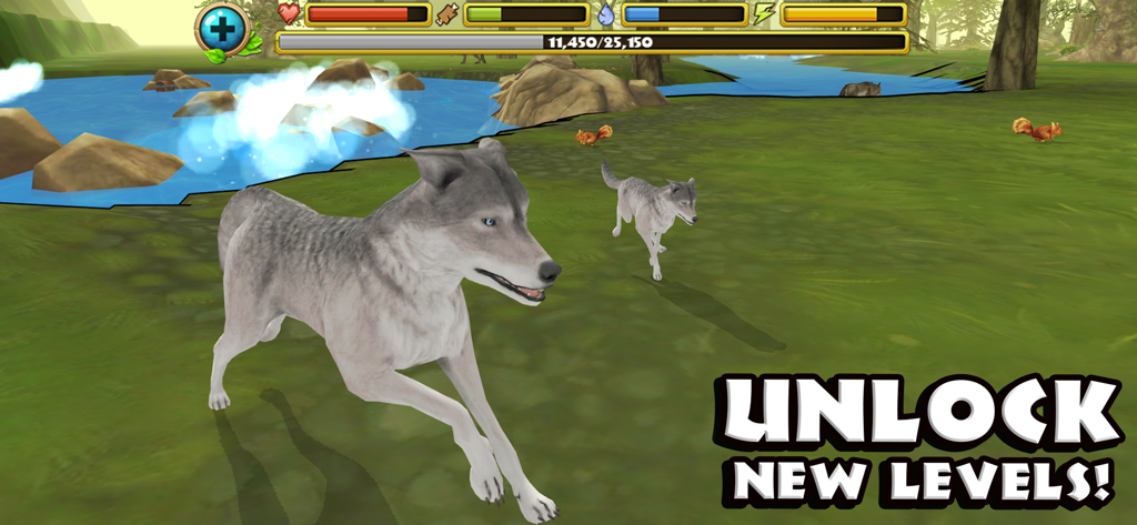 Screenshot di gioco di Wildlife Simulator Wolf che mostra barre di stato e progressi di livello in un ambiente forestale 3D