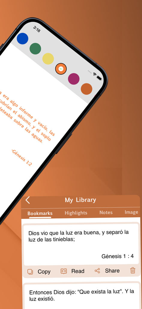 La Santa Biblia Católica. - The library section of the La Santa Biblia Catolica app showing bookmarks and highlighted verses from Genesis