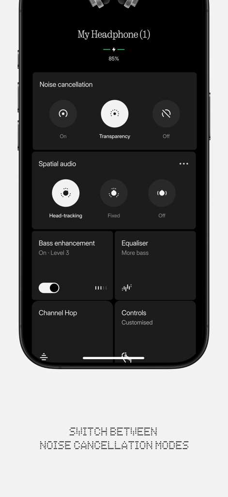 Nothing X - Interface of the Nothing X app showing earbud settings for noise cancellation, spatial audio, and sound customization on an iPhone.