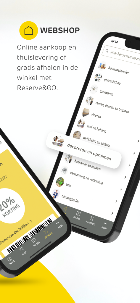 Interface of the Brico App showing the online webshop categories and a 20 percent discount coupon.