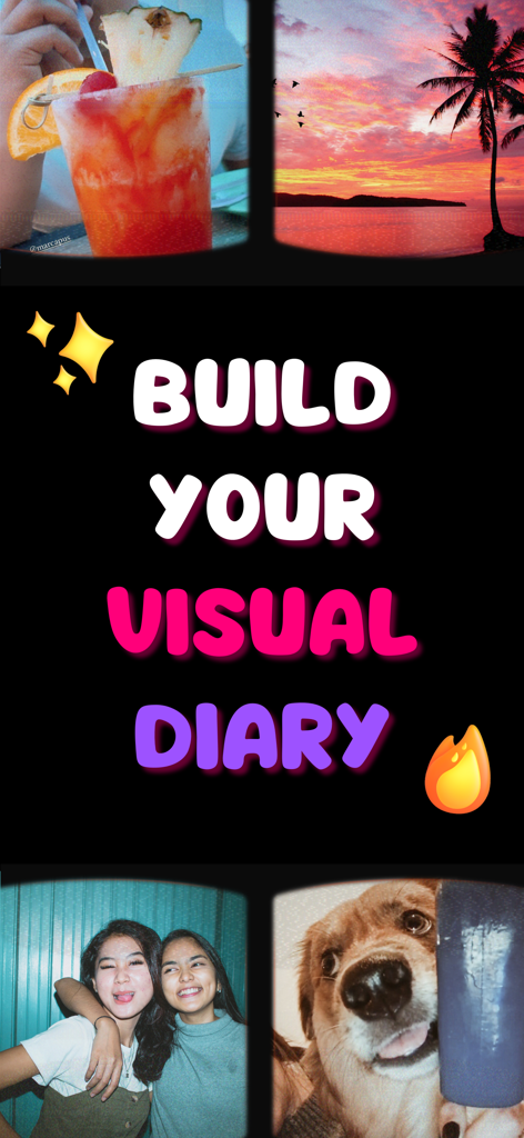 MoodStream app interface showing a visual diary with film-style photos of a sunset, friends, a cocktail, and a dog