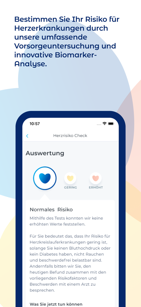 Heart risk check evaluation screen in the iATROS app showing a normal risk result.