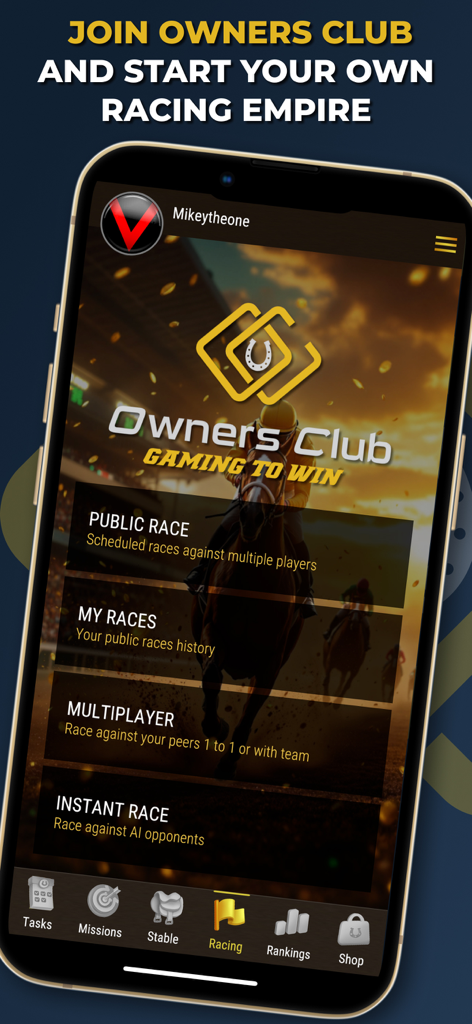 Owners Club PvP Horse Racing 모바일 앱 메뉴, 멀티플레이어 및 공개 경주와 같은 게임 모드 표시