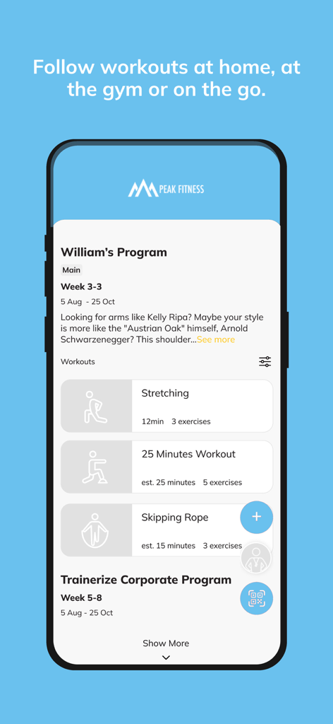 Peak Fitness (ABC Trainerize) - Peak Fitness app showing a customized training plan with stretching and cardio workouts