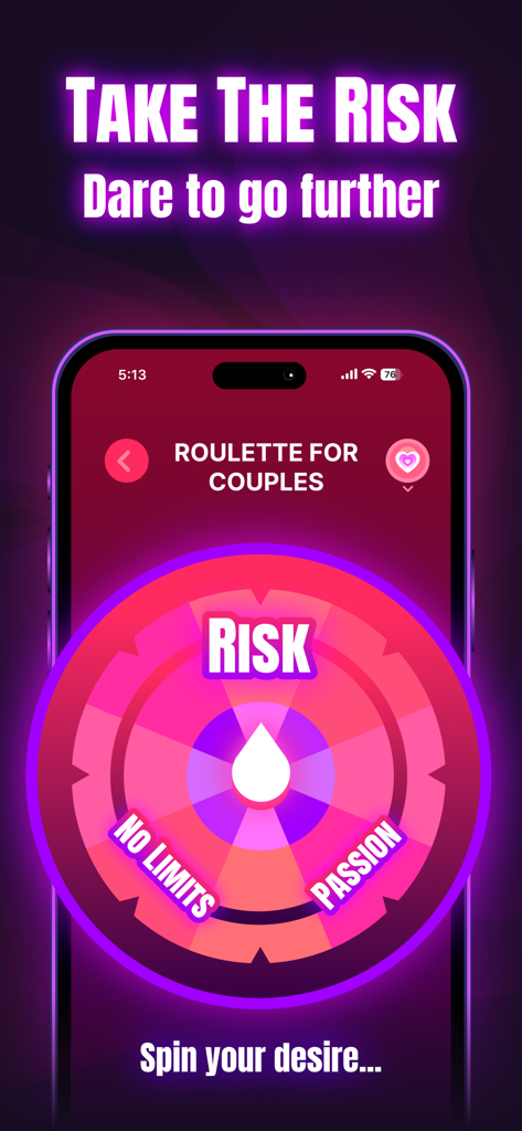 Love roulette - couple - Une roue de la fortune numérique pour couples avec des catégories incluant "Risk No Limits" et "Passion".