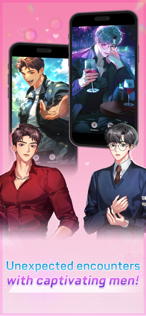 Couple Breaker: Romance Otome - カップルブレイカー ロマンス乙女のプロモーションアート。様々なハンサムな男性キャラクターが携帯画面や前景に登場。