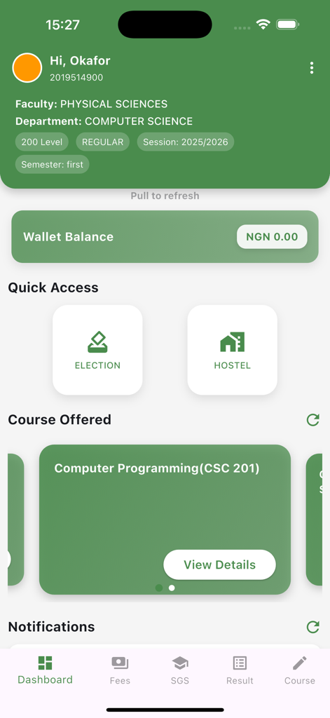 COOU Portal - Student dashboard of the COOU Portal app showing profile details wallet balance and course information