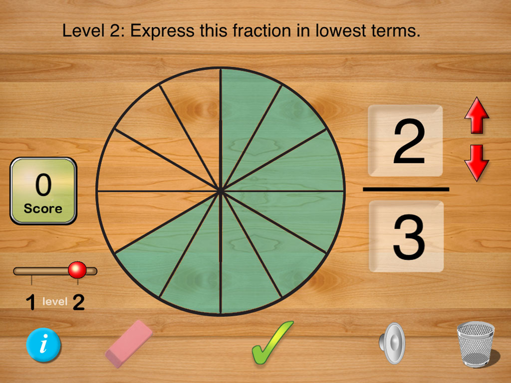 Fraction Toolkit - A circle chart divided into sections showing eight twelfths being simplified to two thirds in the Fraction Toolkit app level two challenge.