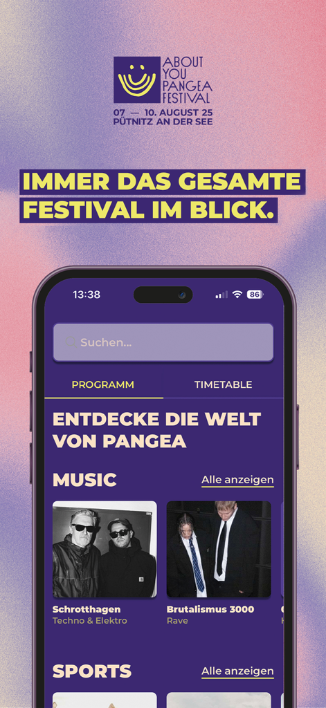 About You Pangea Festival - About You Pangea Festival mobile app interface showing the music program and artists