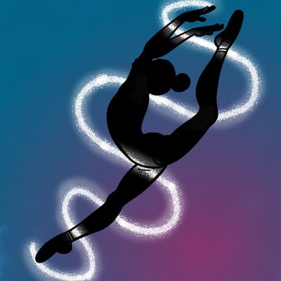 gymnast doing a leap in a leotard with a bent back leg