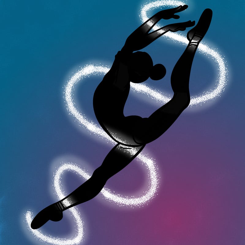 gymnast doing a leap in a leotard with a bent back leg