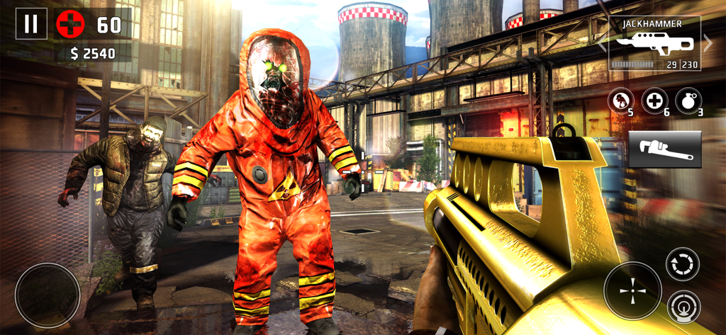 DEAD TRIGGER 2: Zombie Games - Vista en primera persona de un jugador apuntando con un arma dorada a un zombi con traje NBQ naranja.