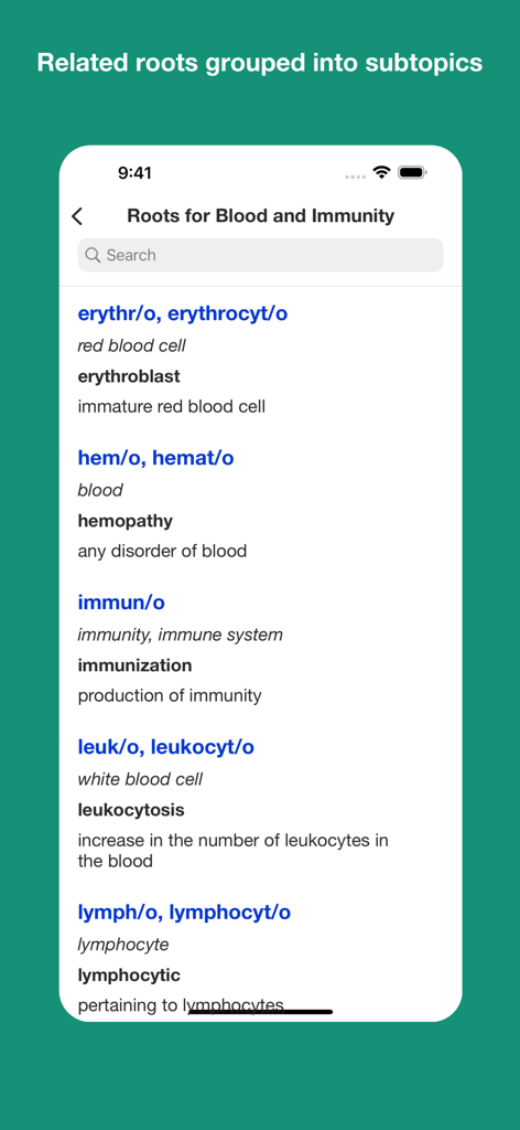 A mobile app screen listing medical roots and definitions related to blood and immunity such as erythro and hemo.