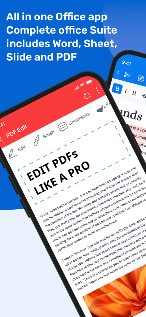 Office Suite app interface displaying professional PDF editing capabilities on a smartphone