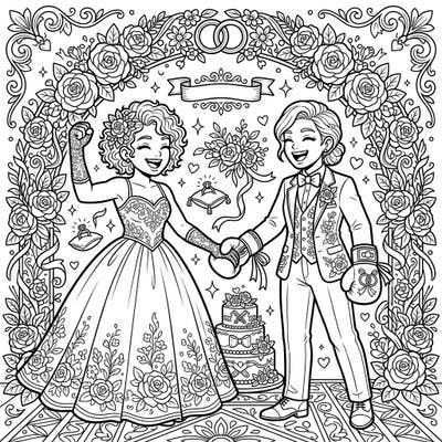 Celebrate a powerful union with this unique coloring page featuring two female boxers tying the knot amidst a beautiful wedding celebration. Discover intricate details and floral designs, perfect for a joyful and creative coloring experience for adults and teens.