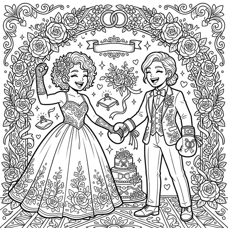 Celebrate a powerful union with this unique coloring page featuring two female boxers tying the knot amidst a beautiful wedding celebration. Discover intricate details and floral designs, perfect for a joyful and creative coloring experience for adults and teens.