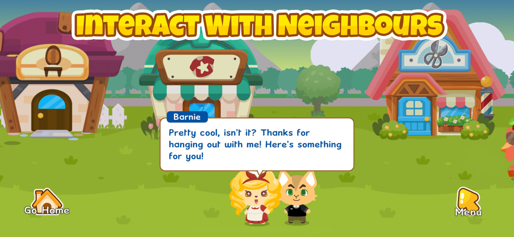 Happy Pet Story: Virtual Pet - Dos adorables mascotas virtuales interactuando con vecinos frente a tiendas en Happy Pet Story