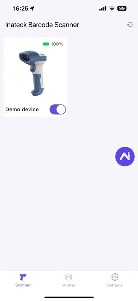 Inateck Office - Inateck Office app interface showing a connected barcode scanner with battery status and device management options