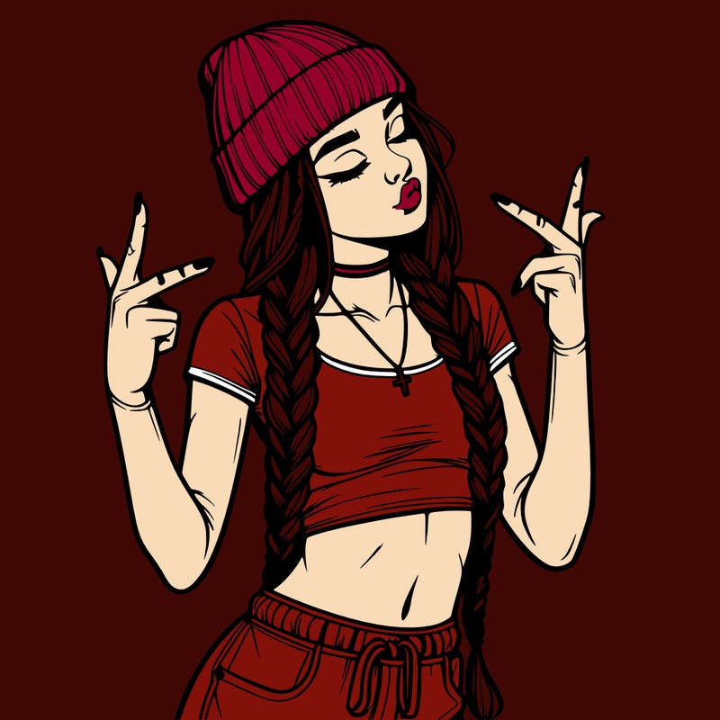 realistic teenage girl with braids and a beanie and crop top doing 🫶🏼