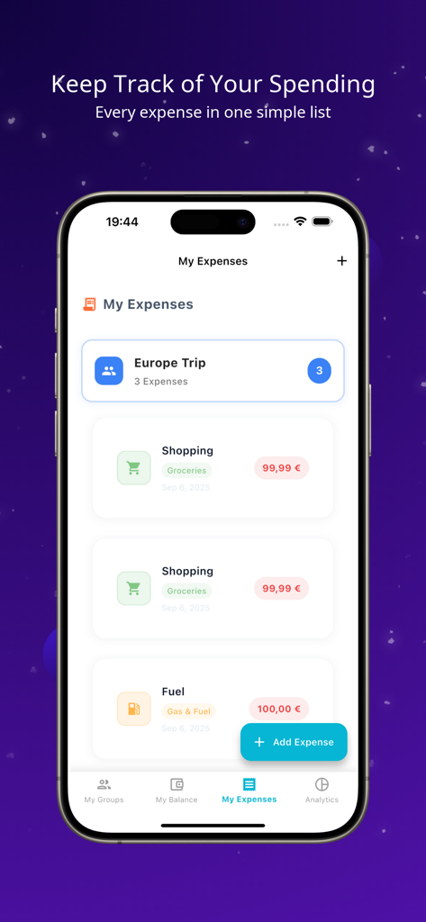 SplitUp – Split & Share Bills - SplitUp app interface showing a list of categorized expenses including shopping and fuel for a Europe trip group