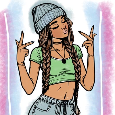 realistic teenage girl with braids and a beanie and crop top doing 🫶🏼