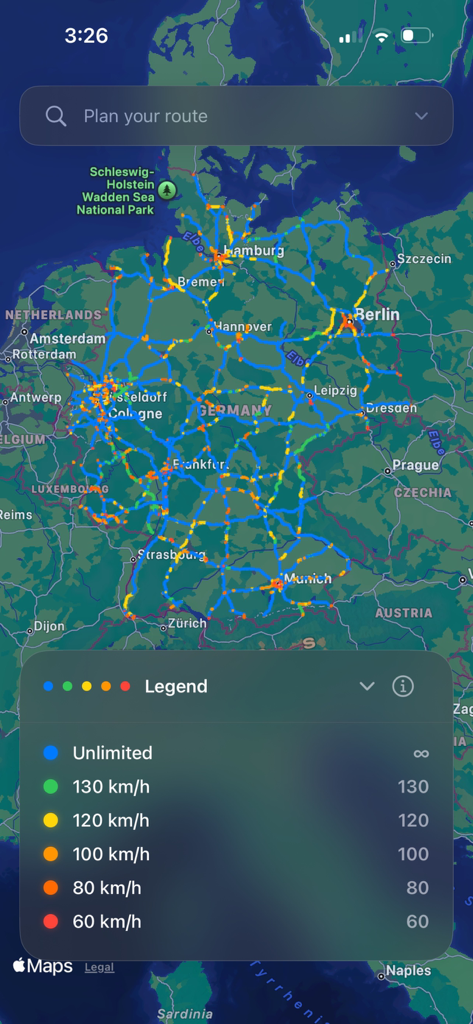 Screenshot of Autobahn Map app showing a color-coded map of Germany with a legend for speed limits and unlimited sections.