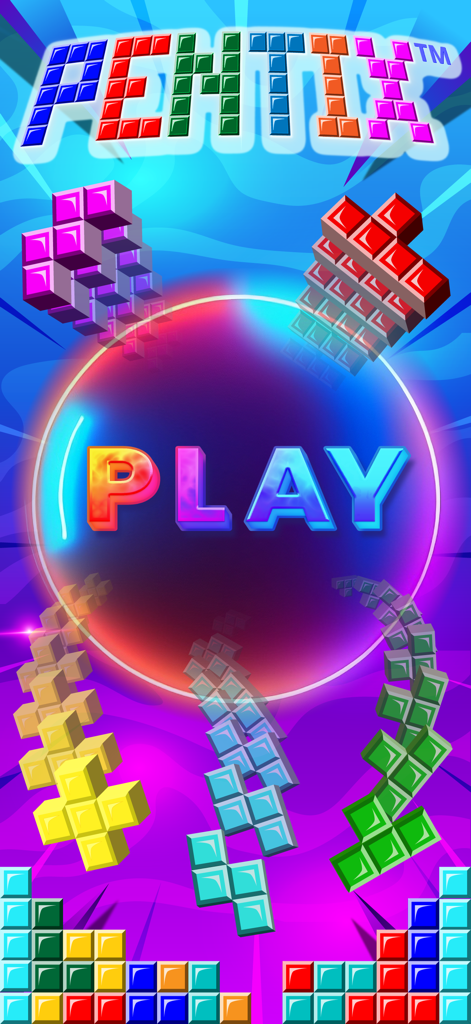 Pentix Nova - Falling Blocks - Pentix Nova game title screen with colorful five-block pieces and a central play button