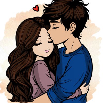a realistic couple boy and girl hugging and kissing