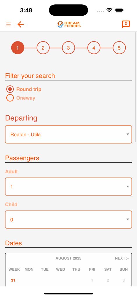 Dream Ferries - Dream Ferries app search interface showing booking steps for a ferry from Roatan to Utila