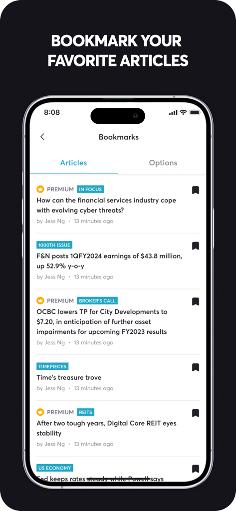 A list of saved financial news and investment articles on the Bookmarks screen of The Edge Singapore app.