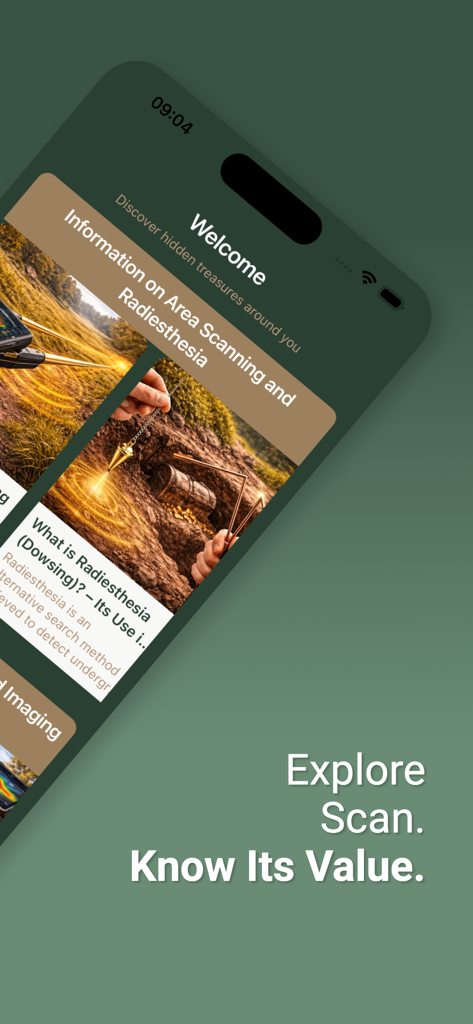 Treasure Hunter X - Treasure Hunter X mobile app screen showing a guide for radiesthesia and dowsing to find hidden treasure chests.