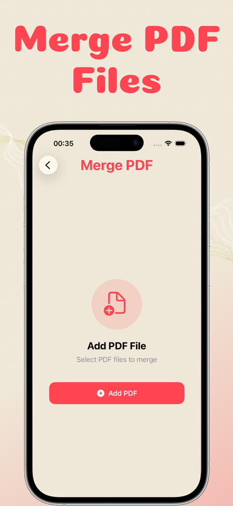 PDF Merge & Split Tool - iPhone screen of the PDF Merge and Split Tool showing the interface to add and merge PDF files