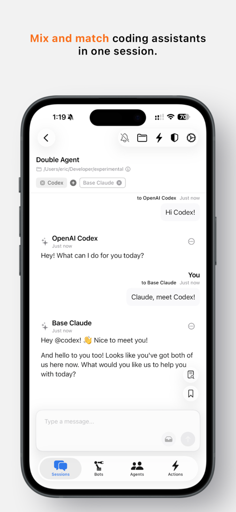 Remote Codetrol - Remote Codetrol app interface showing a chat session with multiple AI coding assistants like OpenAI Codex and Claude
