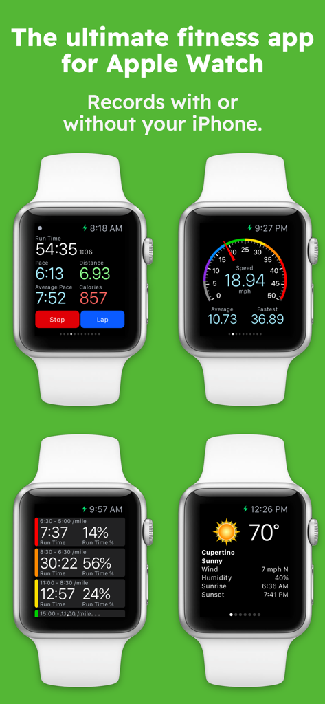 Walkmeter Walking & Hiking GPS - Four Apple Watch screens showing Walkmeter fitness data including run statistics, a speedometer gauge, split times, and local weather information