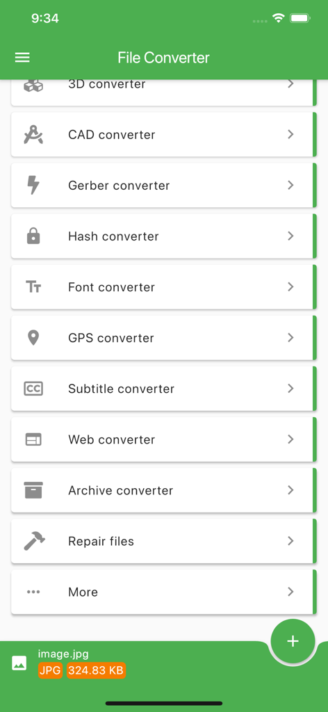 File Converter app main menu displaying categories for 3D CAD GPS and font conversions