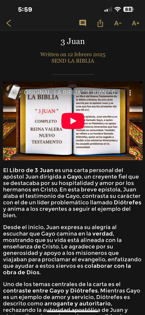 SEND LA BIBLIA - Mobile app interface showing a Bible video player and Spanish text description for the book of 3 Juan