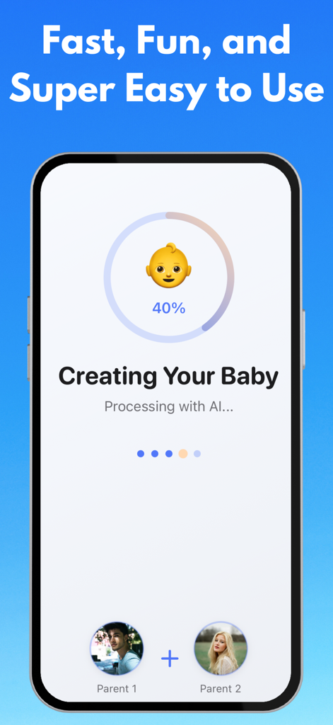 AI Baby Generator: Baby Gen AI - Interfaz de la aplicación Baby Gen AI mostrando el proceso de creación de un rostro de futuro bebé a partir de dos fotos de los padres