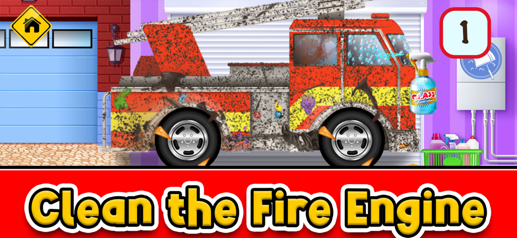 Little Car Wash: Vehicle Game - A dirty red fire engine being cleaned in the Little Car Wash vehicle game