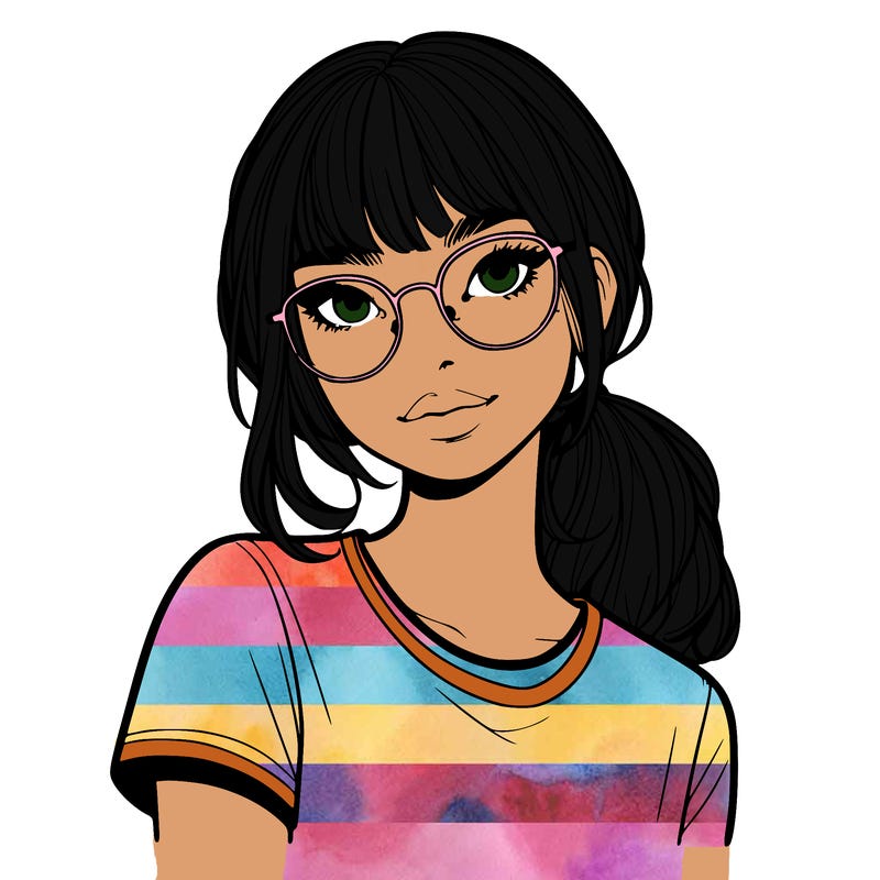 realistic girl with freckles and clear glasses