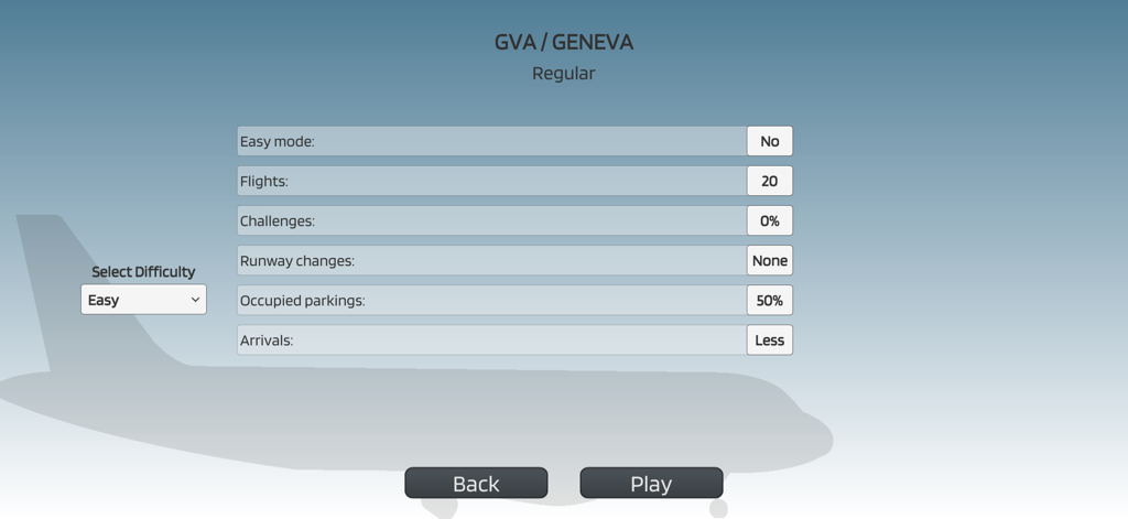 Menú de configuración de dificultad y vuelo para el aeropuerto de Ginebra en Hello Tower